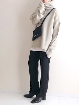 「select MOCA（セレクトモカ）のリンキングオーバーサイズタートルニット（ニット/セーター）」を使った、haru さん（レディース・161cm）の冬コーディネート