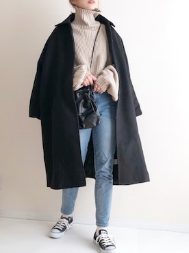 「Libra Cue（リブラ キュー）のアイテム（ステンカラーコート）」を使った、haru さん（レディース・161cm）の冬コーディネート