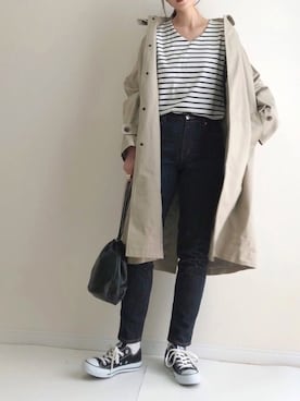 「テーパードデニム」｜「アイテム（ステンカラーコート）」を使った、haru さん（レディース・161cm）の春コーディネート
