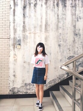 「no brand（ノーブランド）のアイテム（デニムスカート、ブルー系）」を使った、SzeChin_さん（レディース・157cm）の春コーディネート