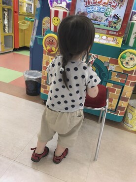 「無印良品（ムジルシリョウヒン）のアイテム（Tシャツ/カットソー、グレー系）」を使った、okahoさん（キッズ・120cm）の夏コーディネート