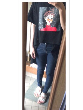 「no brand（ノーブランド）のアイテム（Tシャツ/カットソー、ブラック系）」を使った、mi29.さん（レディース）の夏コーディネート