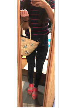 「ANAP（アナップ）のボーダーUネッククロップドTシャツ（Tシャツ/カットソー、レッド系）」を使った、mi29.さん（レディース）の夏コーディネート