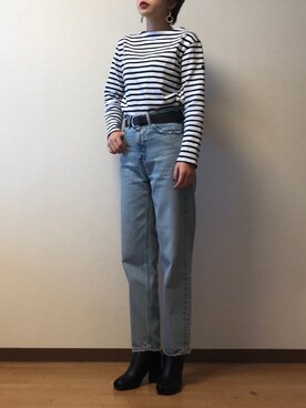「MOUSSY（マウジー）のMV JW Tapered（デニムパンツ）」を使った、も も かさん（レディース・157cm）の秋コーディネート