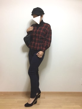 「赤チェック」｜「アイテム（キャスケット）」を使った、PECOさん（レディース・158cm）の秋コーディネート