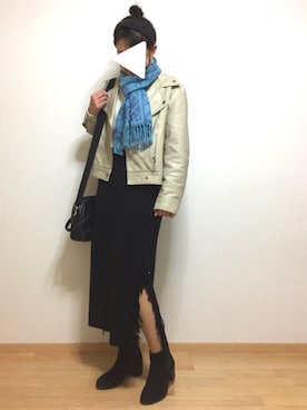 「relume」｜「アイテム（ライダースジャケット）」を使った、PECOさん（レディース・158cm）の冬コーディネート