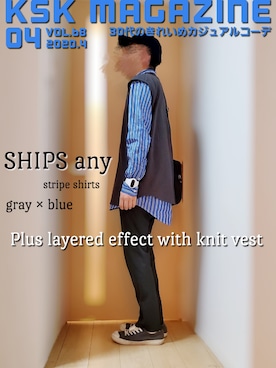 「SHIPS any（シップス エニィ）のSHIPS any: ストライプ ボタンダウン ビッグシャツ（シャツ/ブラウス、ブルー系）」を使った、KSKさん（メンズ・169cm）の春コーディネート