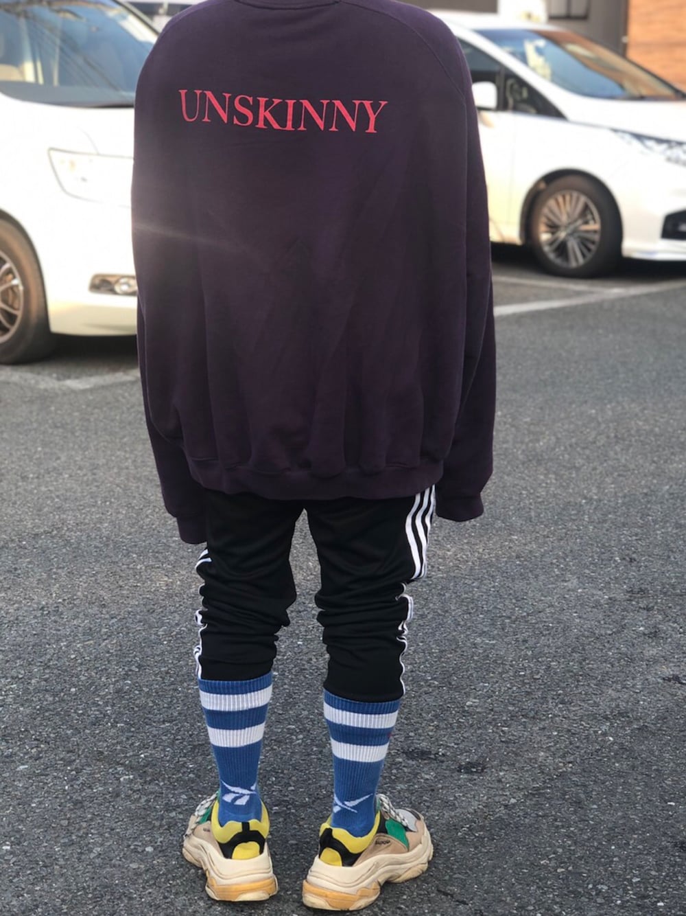 「いいね、save、フォローお願いします🤑、vetements、BALENCIAGA、triples、お洒落さんとつながりたい、いいね返し、相互フォロー、ストリート、ストリートファッション、street」｜「VETEMENTSのアイテム（スウェット、パープル系）」を使った、ソラッチョレ♪さん（メンズ・165cm）の夏コーディネートの1枚目の写真