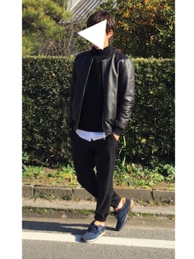 「カシミヤ」｜「アイテム（ライダースジャケット）」を使った、やゆーさん（メンズ・178cm）の冬コーディネート