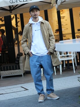 「Champion」｜「アイテム（ステンカラーコート）」を使った、enoさん（メンズ・174cm）の冬コーディネート