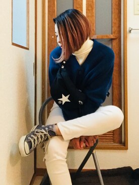 「GU（ジーユー）のアイテム（ニット/セーター、ホワイト系）」を使った、kekoさん（レディース・152cm）の冬コーディネート
