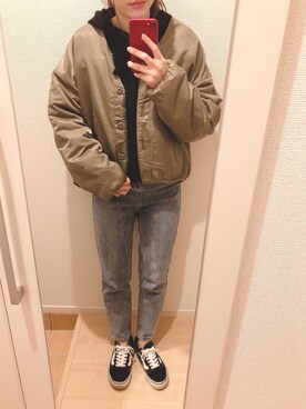 「GRL（グレイル）のテーパードデニムパンツ（デニムパンツ）」を使った、𝕡𝕪𝕠𝕟 ⋆⑅さん（レディース・152cm）の冬コーディネート