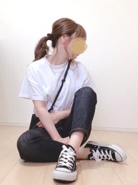 「ZOZO（ゾゾ）のスリムテーパードデニムパンツ［WOMEN］（デニムパンツ）」を使った、𝕡𝕪𝕠𝕟 ⋆⑅さん（レディース・152cm）の秋コーディネート