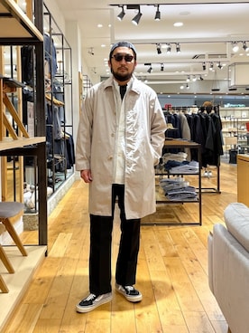 「patagonia」｜「アイテム（ステンカラーコート）」を使った、takeshimaさん（メンズ・180cm）の春コーディネート