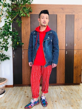 「レッドコーデ」｜「アイテム（デニムジャケット）」を使った、Ryuさん（メンズ・167cm）の冬コーディネート