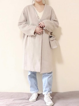 「白ニット」｜「アイテム（ノーカラージャケット）」を使った、AN Closetさん（レディース・158cm）の冬コーディネート