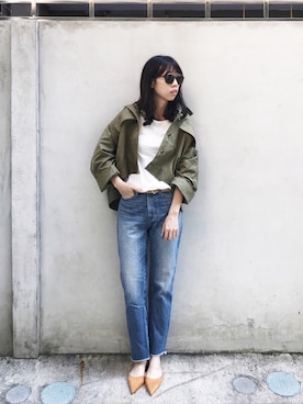 「AZUL by moussy（アズールバイマウジー）のｶｯﾄｵﾌﾎﾞｰｲﾌｨｯﾄﾃﾞﾆﾑﾊﾟﾝﾂ（デニムパンツ）」を使った、W.さん（レディース・164cm）の秋コーディネート