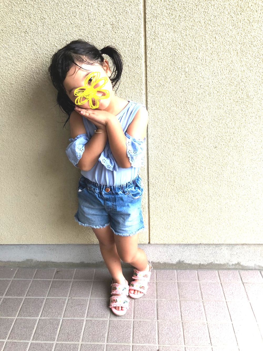 「キッズコーデ、4歳、女の子、肩出し、七夕」｜「Birthdayのアイテム（Tシャツ/カットソー、ブルー系）」を使った、もんかじさん（キッズ・120cm）の夏コーディネートの1枚目の写真