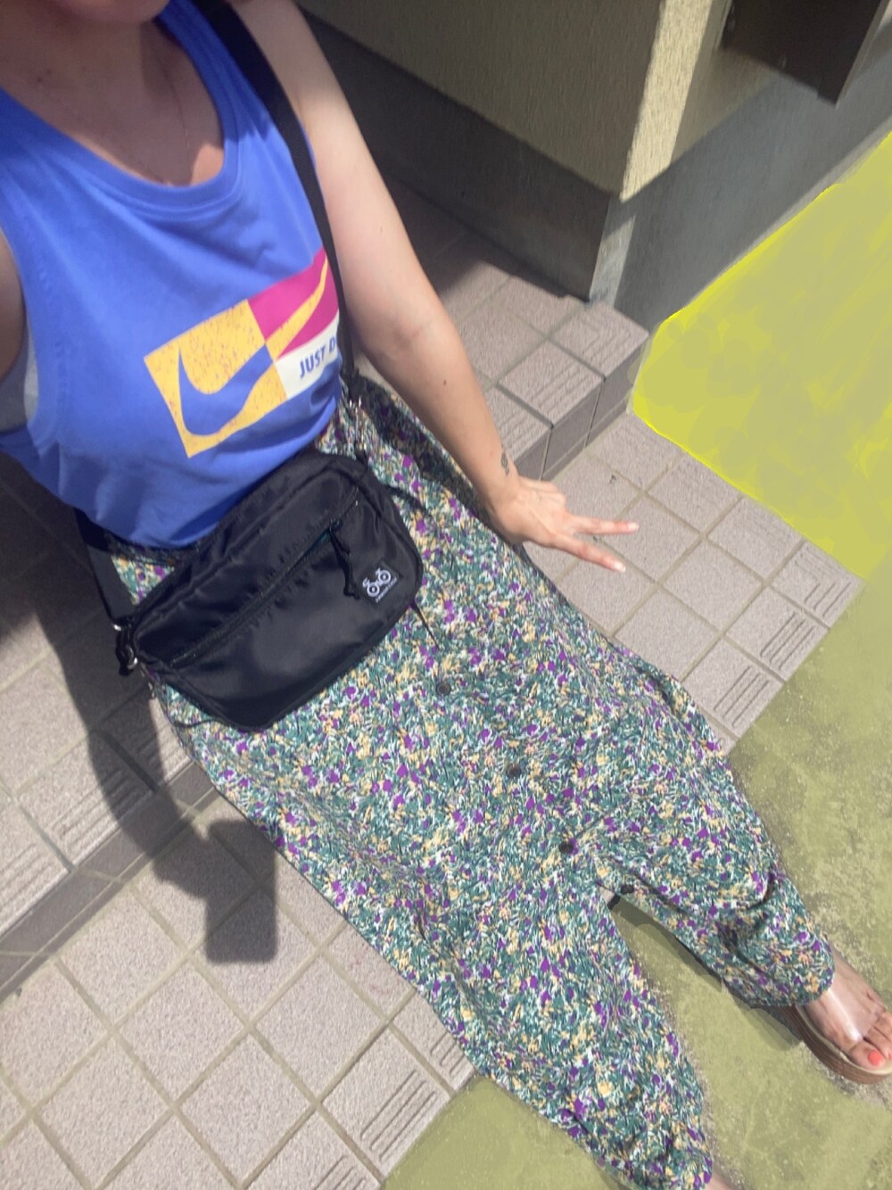 「プチプラ、ナイキコーデ、タンクトップ、柄スカート、夏コーデ」｜「しまむらのアイテム（スカート、グリーン系）」を使った、もんかじさん（レディース・148cm）の夏コーディネートの1枚目の写真
