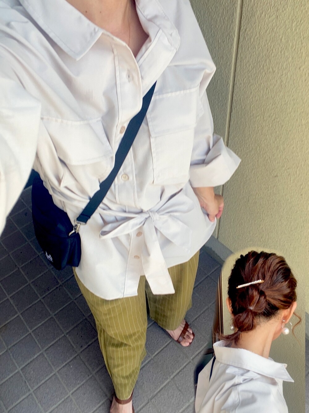 「授業参観、シャツスタイル」｜「groveのアイテム（シャツ/ブラウス、ベージュ系）」を使った、もんかじさん（レディース・148cm）の秋コーディネートの1枚目の写真