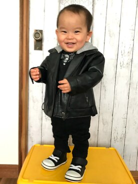 「しまむら（シマムラ）のアイテム（ライダースジャケット）」を使った、kyomamaさん（キッズ・80cm）の冬コーディネート