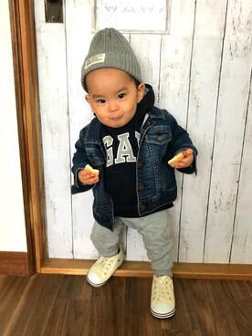 「90cm」｜「アイテム（デニムジャケット）」を使った、kyomamaさん（キッズ・80cm）の冬コーディネート
