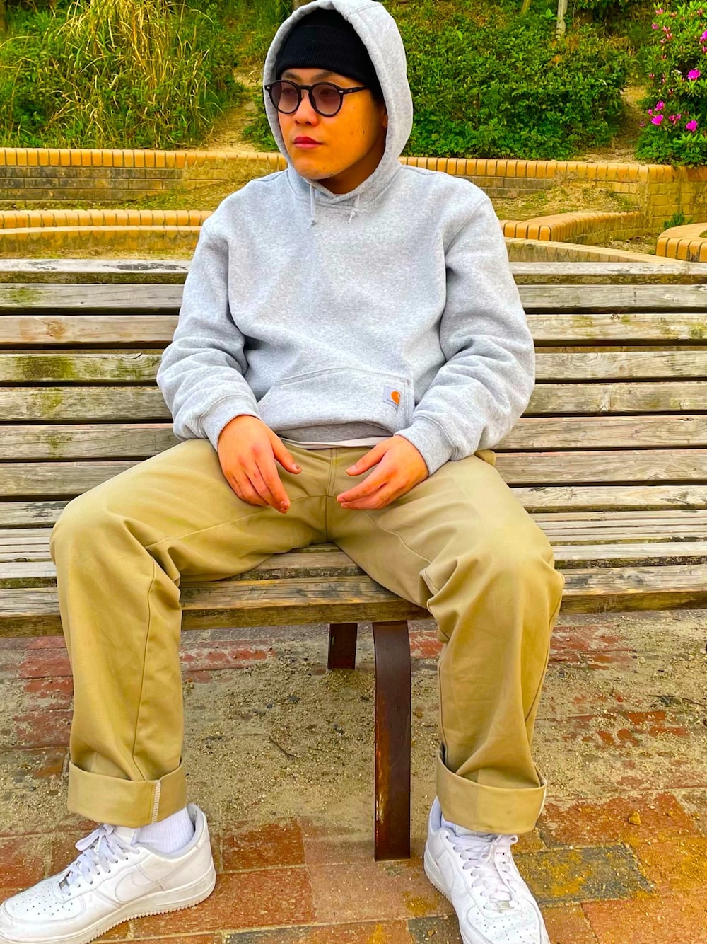 「HUF、Moscot、carhartt、Dickies、PRO CLUB、NIKE、カジュアル、シンプルコーデ、ストリート、いいね、save、フォローお願いします🤑」｜「HUFのESSENTIALS USUAL BEANIE  HUF ハフ ビーニー（ニットキャップ/ビーニー、ブラック系）」を使った、kaikai【相互】さん（メンズ・173cm）の春コーディネートの1枚目の写真