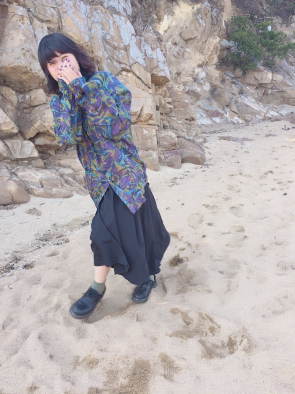 「古着、used、柄シャツ、菅田将暉、おじコーデ」｜「usedのアイテム（シャツ/ブラウス、パープル系）」を使った、あさん（レディース・157cm）の春コーディネートの1枚目の写真