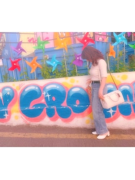 「Chico（チコ）の5分袖ワンショルラメリブプルオーバー（ニット/セーター、ホワイト系）」を使った、m@iさん（レディース・148cm）の春コーディネート