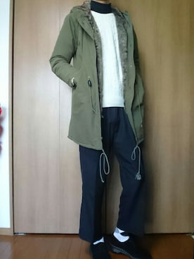 「白ニット」｜「アイテム（モッズコート）」を使った、3つさん（メンズ・186cm）の冬コーディネート