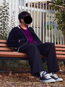「パープル×黒」｜「アイテム（ブルゾン）」を使った、nnnさん（メンズ・178cm）の冬コーディネート