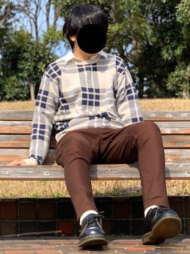 「KANGOL（カンゴール）のＫＡＮＧＯＬ別注 カンゴール チェック ニット セーター ロゴ（ニット/セーター、ベージュ系）」を使った、nnnさん（メンズ・177cm）の春コーディネート