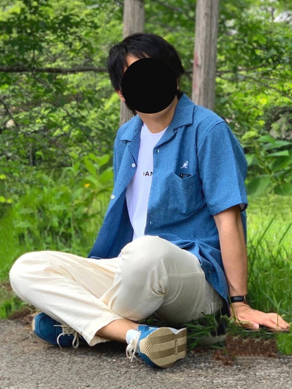 「シンプル、おしゃれさんと繋がりたい、夏コーデ、きれいめカジュアル、プチプラコーデ、カンゴール、古着好きな人と繋がりたい、オープンカラーシャツ」｜「KANGOLのＫＡＮＧＯＬ別注 カンゴール オープンカラーシャツ（シャツ/ブラウス、ブルー系）」を使った、nnnさん（メンズ・178cm）の夏コーディネートの1枚目の写真