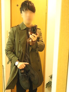 「ベロア」｜「アイテム（トレンチコート）」を使った、わっくー！さん（メンズ・168cm）の春コーディネート