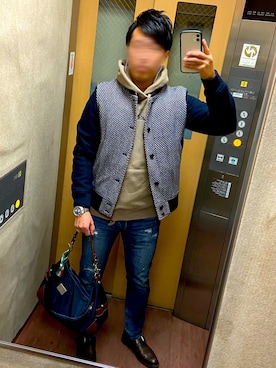 「パラブーツ」｜「アイテム（スタジャン）」を使った、わっくー！さん（メンズ・170cm）の冬コーディネート