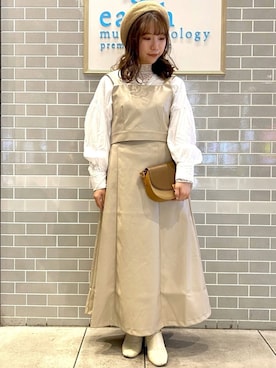 「レザースカート」｜「アイテム（ハンチング/ベレー帽）」を使った、Ruiさん（レディース・153cm）の冬コーディネート