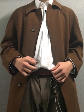 「茶色」｜「アイテム（ステンカラーコート）」を使った、とらんくすさん（メンズ・180cm）の冬コーディネート