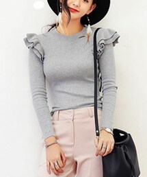 DHOLIC | ショルダーティアードフリルリブトップス(ニット/セーター)