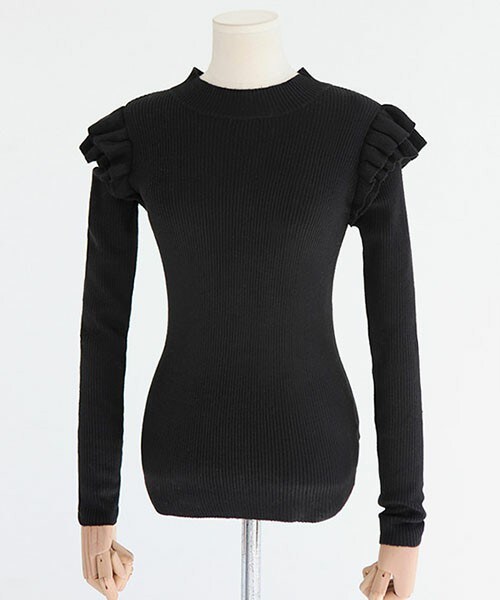 DHOLIC（ディーホリック）の「ショルダーティアードフリルリブトップス（ニット/セーター・レディース・グレー/ブラック・FREE）」の2枚目の写真