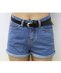 Aco Design | [ベルトセット]デニム ショートパンツ パンツ/デニム ショートパンツ ハイウエスト/ハーフパンツ デニム レディース/ウォッシング デニム(デニムパンツ)