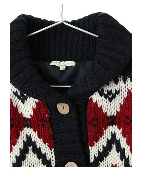 45R カウチンニットコート フリーサイズ フリンジ 総柄 コットン ウール 美品】45R コットンシェットランドのテントカウチン ニット ネイビー
