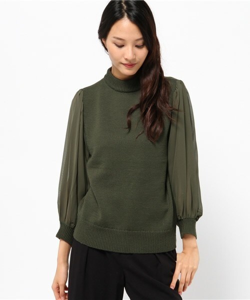 CLANE（クラネ）の「CLANE シフォンスリーブニット（ニット/セーター・レディース・ブラック/カーキ・36）」の2枚目の写真