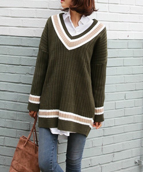 DHOLIC（ディーホリック）の「リブテイストチルデンニット（ニット/セーター・レディース・アイボリー/カーキ/ブラック/ベージュ・FREE）」の4枚目の写真