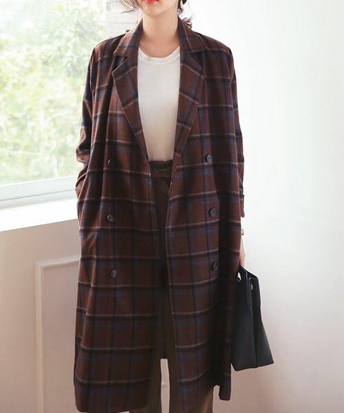 DHOLIC（ディーホリック）の「タータンチェックロングジャケット（その他アウター・レディース・オレンジ/ネイビー/ブラウン・FREE）」の2枚目の写真