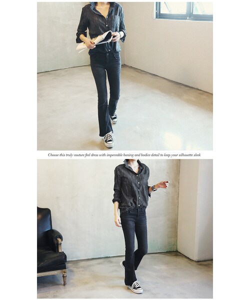 Aco Design（アコデザイン）の「ブーツカット デニム ヴィンテージ/美脚 ストレッチ スキニー ジーンズ/ウォッシング デニム（デニムパンツ・レディース・ウォッシュブラック・S/M/L　ウエスト:66/69/72　ヒップ:76/78/80　股上:22/23/24　太もも:41/43/45　裾幅:44/45/46 総丈:94/95/96）」の2枚目の写真