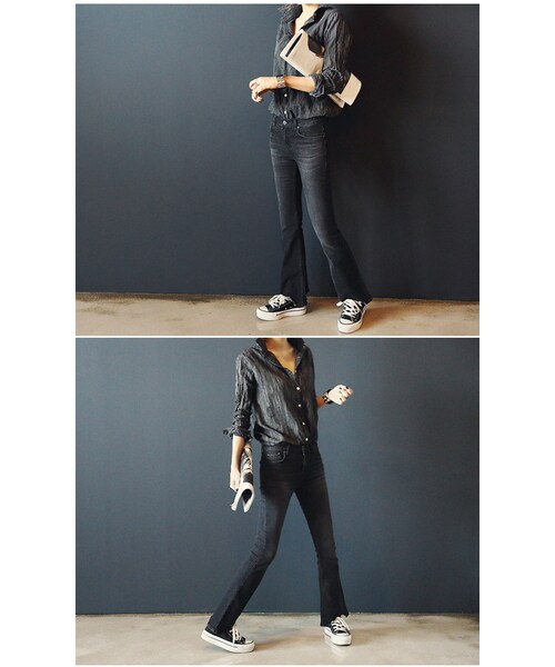 Aco Design（アコデザイン）の「ブーツカット デニム ヴィンテージ/美脚 ストレッチ スキニー ジーンズ/ウォッシング デニム（デニムパンツ・レディース・ウォッシュブラック・S/M/L　ウエスト:66/69/72　ヒップ:76/78/80　股上:22/23/24　太もも:41/43/45　裾幅:44/45/46 総丈:94/95/96）」の3枚目の写真