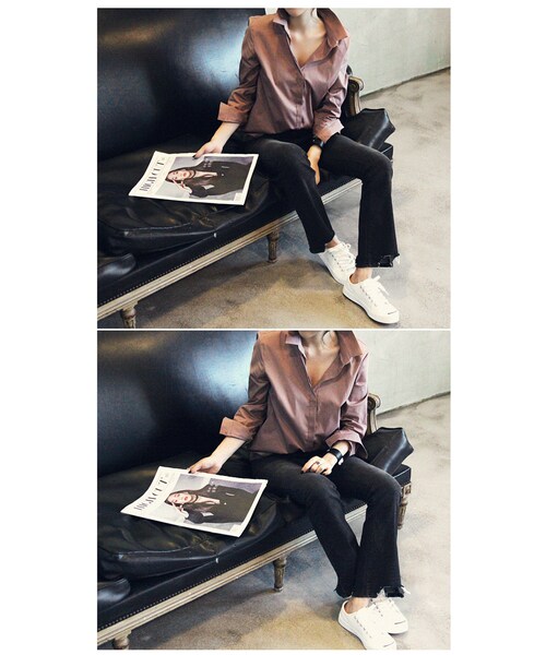 Aco Design（アコデザイン）の「ブーツカット デニム ヴィンテージ/美脚 ストレッチ スキニー ジーンズ/ウォッシング デニム（デニムパンツ・レディース・ウォッシュブラック・S/M/L　ウエスト:66/69/72　ヒップ:76/78/80　股上:22/23/24　太もも:41/43/45　裾幅:44/45/46 総丈:94/95/96）」の4枚目の写真