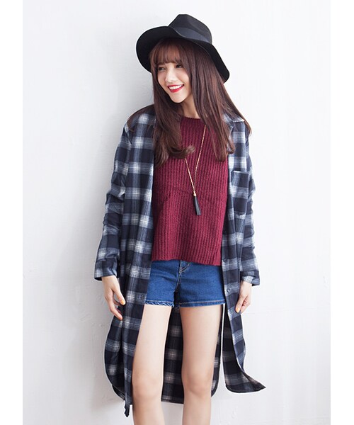 gracegift（グレースギフト）の「韓國秋風格紋毛料長版襯衫（トップス・レディース・藍・F）」の4枚目の写真