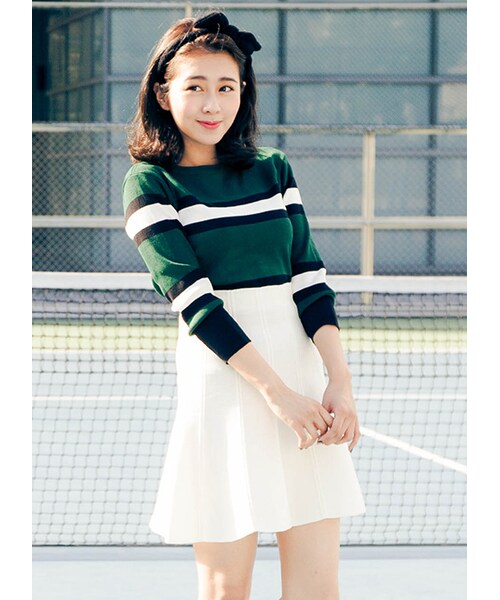 gracegift(グレースギフト)の「立體感直條高腰針織傘裙(スカート・レディース・黑/白・F)」の5枚目の写真