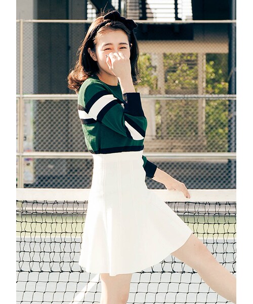 gracegift(グレースギフト)の「立體感直條高腰針織傘裙(スカート・レディース・黑/白・F)」の6枚目の写真